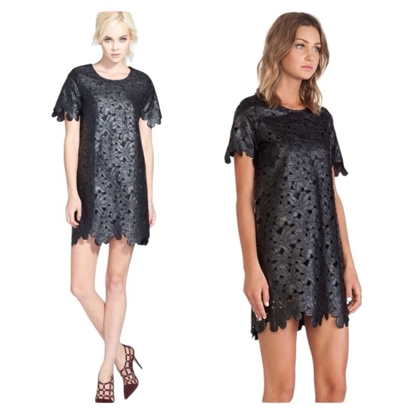 JOA Floral Cutout Black Faux Leather Short Sleeve Mini Dress Size Small NEW - Picture 2 of 7